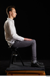 Whole Body Man White Shoes Shirt Trousers Slim Sitting Studio photo references